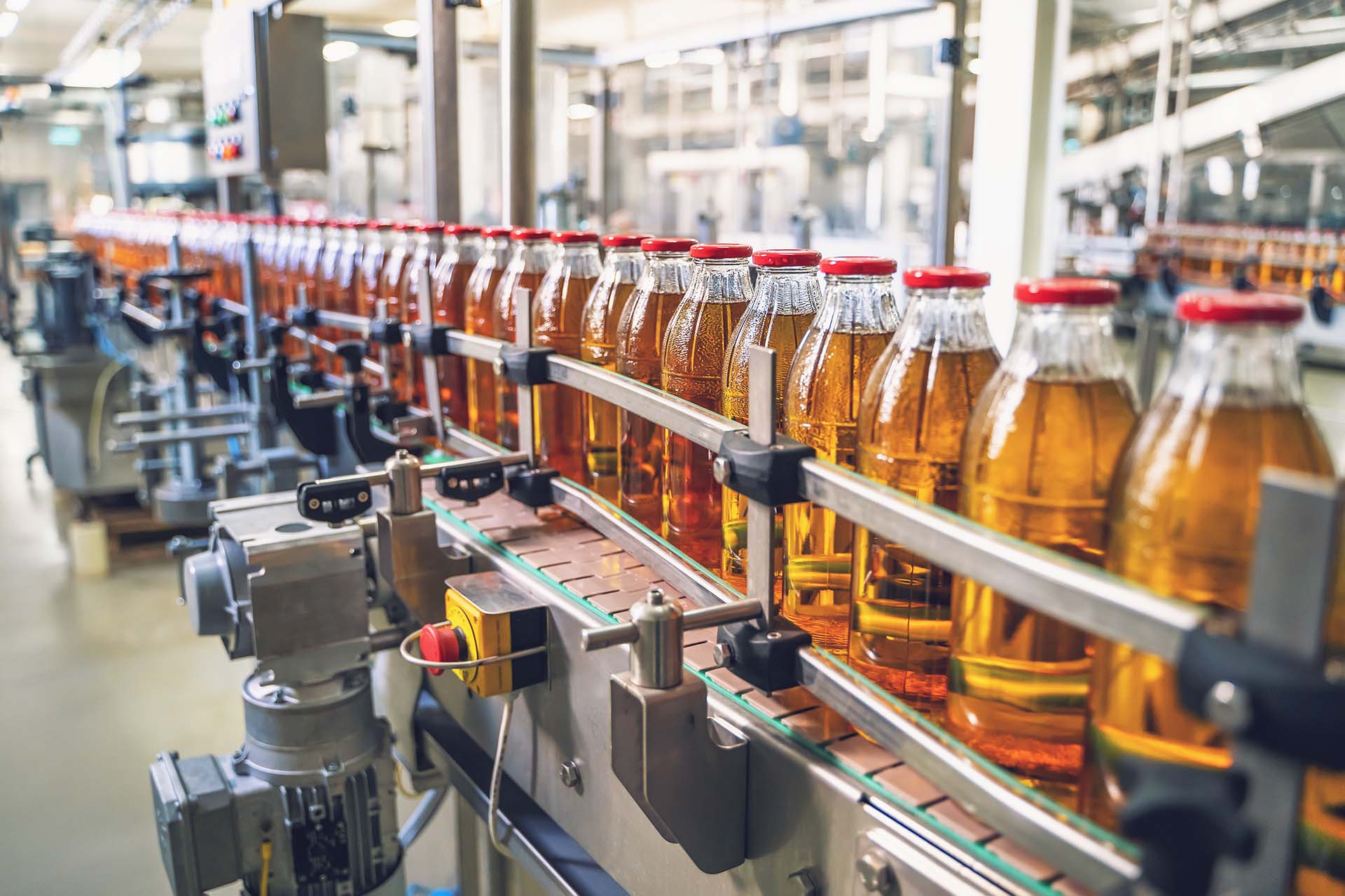 bottled liquids in a conveyor line